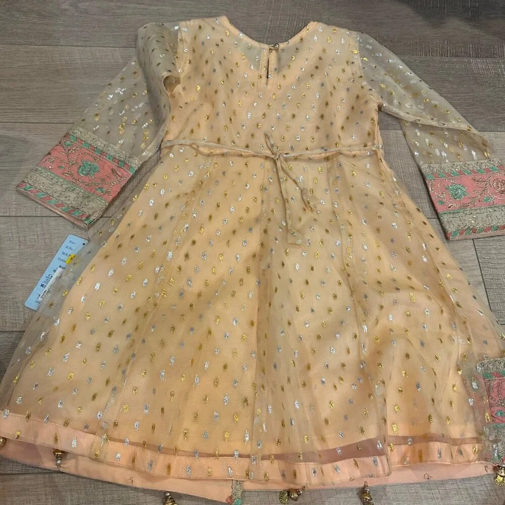 Girls Peach Traditional Embroidered Dress W/ Sheer Sleeves & Gold Detailing Size